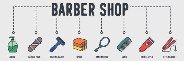 Barber Shop banner web icon. lotion, barber pole, shaving razor, towel, hand mirror, comb, hair clipper, styling iron vector illustration concept.