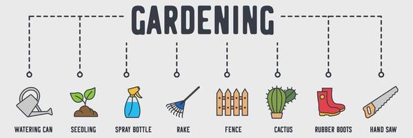 Gardening banner web icon. watering can, seedling, spray bottle, rake, fence, cactus, rubber boots, hand saw vector illustration concept.