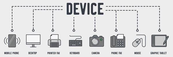 Technology Device web icon. mobile phone, desktop, printer fax, keyboard, camera, phone fax, mouse, graphic tablet vector illustration concept.