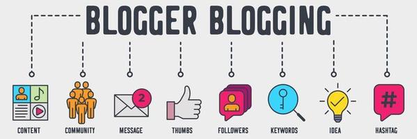 icono de web de banner de blogs. contenido, comunidad, mensaje, pulgares, seguidores, palabras clave, idea, concepto de ilustración vectorial de hashtag. vector