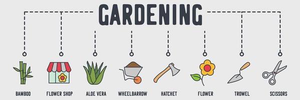 Gardening banner web icon. bamboo, flower shop, aloe vera, Wheelbarrow, hatchet, flower, trowel, scissors vector illustration concept.