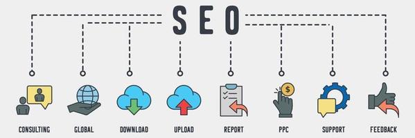 SEO optimization banner web icon. online consulting, global solution, download, upload, report, pay per click, technical support, feedback vector illustration concept.