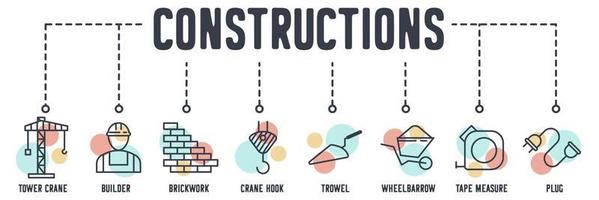 Construction banner web icon. tower crane, builder, brickwork, crane hook, trowel, wheelbarrow, tape measurement, plug vector illustration concept.