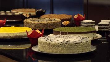 A wide variety of colorful cakes. Cake portfolio prepared with different contents.