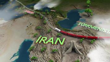 animatie van de trein. Iraans-Turkije lijn. 3D-grafisch animatiewerk dat spoorweghandel toont. video