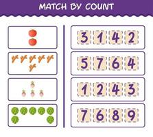 Match by count of cartoon vegetables. Match and count game. Educational game for pre shool years kids and toddlers vector