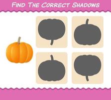 Find the correct shadows of cartoon pumpkin. Searching and Matching game. Educational game for pre shool years kids and toddlers vector