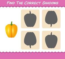 encuentra las sombras correctas del pimiento de dibujos animados. juego de búsqueda y emparejamiento. juego educativo para niños de edad preescolar y niños pequeños vector