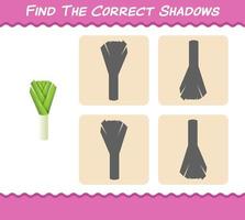 encuentra las sombras correctas del puerro de dibujos animados. juego de búsqueda y emparejamiento. juego educativo para niños y niños pequeños en edad preescolar vector