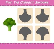 Find the correct shadows of cartoon broccoli. Searching and Matching game. Educational game for pre shool years kids and toddlers vector