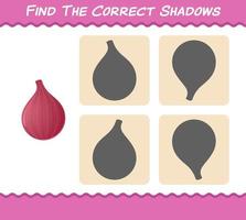 encuentra las sombras correctas de la cebolla roja de dibujos animados. juego de búsqueda y emparejamiento. juego educativo para niños de edad preescolar y niños pequeños vector