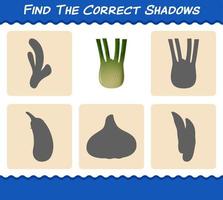 Find the correct shadows of cartoon fennel. Searching and Matching game. Educational game for pre shool years kids and toddlers vector