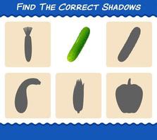 encuentra las sombras correctas del pepino de dibujos animados. juego de búsqueda y emparejamiento. juego educativo para niños y niños pequeños en edad preescolar vector