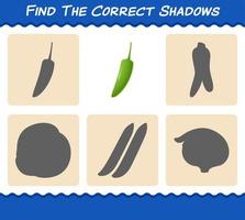 Find the correct shadows of cartoon green chilli. Searching and Matching game. Educational game for pre shool years kids and toddlers vector