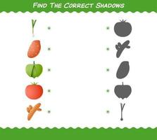 encuentra las sombras correctas de las verduras de dibujos animados. juego de búsqueda y emparejamiento. juego educativo para niños y niños pequeños en edad preescolar vector