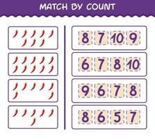 Match by count of cartoon red chilli. Match and count game. Educational game for pre shool years kids and toddlers vector