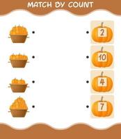 Match by count of cartoon pumpkin. Match and count game. Educational game for pre shool years kids and toddlers vector