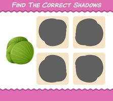 encuentra las sombras correctas del repollo verde de dibujos animados. juego de búsqueda y combinación. juego educativo para niños y niños pequeños en edad preescolar vector