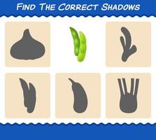 encuentra las sombras correctas de edamame de dibujos animados. juego de búsqueda y emparejamiento. juego educativo para niños de edad preescolar y niños pequeños vector