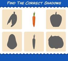 Find the correct shadows of cartoon carrot. Searching and Matching game. Educational game for pre shool years kids and toddlers vector