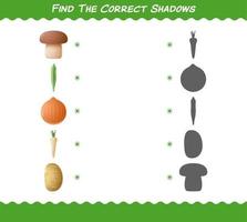 encuentra las sombras correctas de las verduras de dibujos animados. juego de búsqueda y combinación. juego educativo para niños y niños pequeños en edad preescolar vector