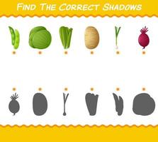 encuentra las sombras correctas de las verduras de dibujos animados. juego de búsqueda y combinación. juego educativo para niños y niños pequeños en edad preescolar vector