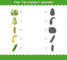 encuentra las sombras correctas de las verduras de dibujos animados. juego de búsqueda y combinación. juego educativo para niños y niños pequeños en edad preescolar vector