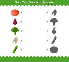 encuentra las sombras correctas de las verduras de dibujos animados. juego de búsqueda y combinación. juego educativo para niños y niños pequeños en edad preescolar vector