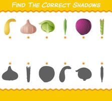 encuentra las sombras correctas de las verduras de dibujos animados. juego de búsqueda y combinación. juego educativo para niños y niños pequeños en edad preescolar vector