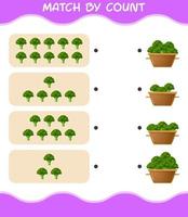 Match by count of cartoon broccoli. Match and count game. Educational game for pre shool years kids and toddlers vector