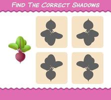 encuentra las sombras correctas de la remolacha de dibujos animados. juego de búsqueda y emparejamiento. juego educativo para niños y niños pequeños en edad preescolar vector