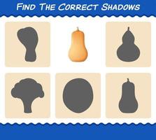 encuentra las sombras correctas de la calabaza moscada de dibujos animados. juego de búsqueda y emparejamiento. juego educativo para niños de edad preescolar y niños pequeños vector