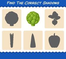 encuentra las sombras correctas de la alcachofa de dibujos animados. juego de búsqueda y combinación. juego educativo para niños y niños pequeños en edad preescolar vector