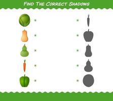 encuentra las sombras correctas de las verduras de dibujos animados. juego de búsqueda y combinación. juego educativo para niños y niños pequeños en edad preescolar vector