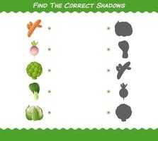 encuentra las sombras correctas de las verduras de dibujos animados. juego de búsqueda y combinación. juego educativo para niños y niños pequeños en edad preescolar vector