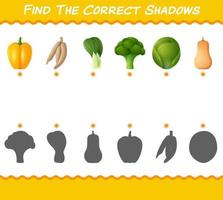 encuentra las sombras correctas de las verduras de dibujos animados. juego de búsqueda y combinación. juego educativo para niños y niños pequeños en edad preescolar vector