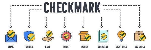 check marks web icon. confirm email, shield, hand, target, money, document, light bulb creative, box cargo vector illustration concept.