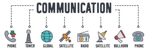 Communication banner web icon. phone conversation, broadcast tower, global connection, satellite, radio, antenna satellite, bullhorn, classic phone vector illustration concept.
