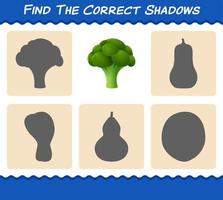 encuentra las sombras correctas del brócoli de dibujos animados. juego de búsqueda y combinación. juego educativo para niños y niños pequeños en edad preescolar vector