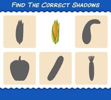 encuentra las sombras correctas del maíz de dibujos animados. juego de búsqueda y combinación. juego educativo para niños y niños pequeños en edad preescolar vector