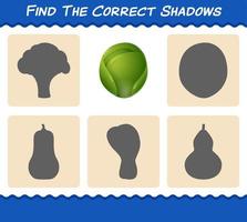 Find the correct shadows of cartoon brussels sprout. Searching and Matching game. Educational game for pre shool years kids and toddlers vector