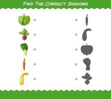 encuentra las sombras correctas de las verduras de dibujos animados. juego de búsqueda y combinación. juego educativo para niños y niños pequeños en edad preescolar vector