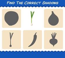 Find the correct shadows of cartoon spring onion. Searching and Matching game. Educational game for pre shool years kids and toddlers vector