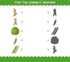 encuentra las sombras correctas de las verduras de dibujos animados. juego de búsqueda y combinación. juego educativo para niños y niños pequeños en edad preescolar vector