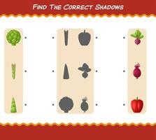 encuentra las sombras correctas de las verduras de dibujos animados. juego de búsqueda y combinación. juego educativo para niños y niños pequeños en edad preescolar vector