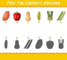 encuentra las sombras correctas de las verduras de dibujos animados. juego de búsqueda y combinación. juego educativo para niños y niños pequeños en edad preescolar vector