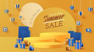 Summer display podium decoration background with beach ornament. Vector 3D Illustration