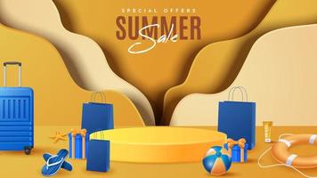 Summer display podium decoration background with beach ornament. Vector 3D Illustration