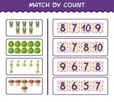 Match by count of cartoon vegetables. Match and count game. Educational game for pre shool years kids and toddlers vector