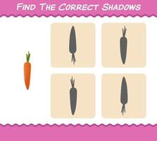 encuentra las sombras correctas de la zanahoria de dibujos animados. juego de búsqueda y emparejamiento. juego educativo para niños y niños pequeños en edad preescolar vector